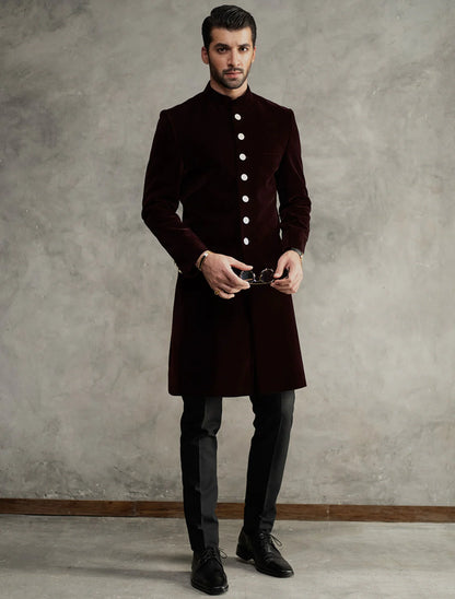Maroon Short Length Velvet Sherwani with Silver Buttons