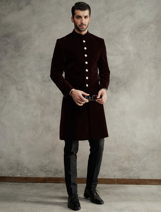 Maroon Short Length Velvet Sherwani with Silver Buttons