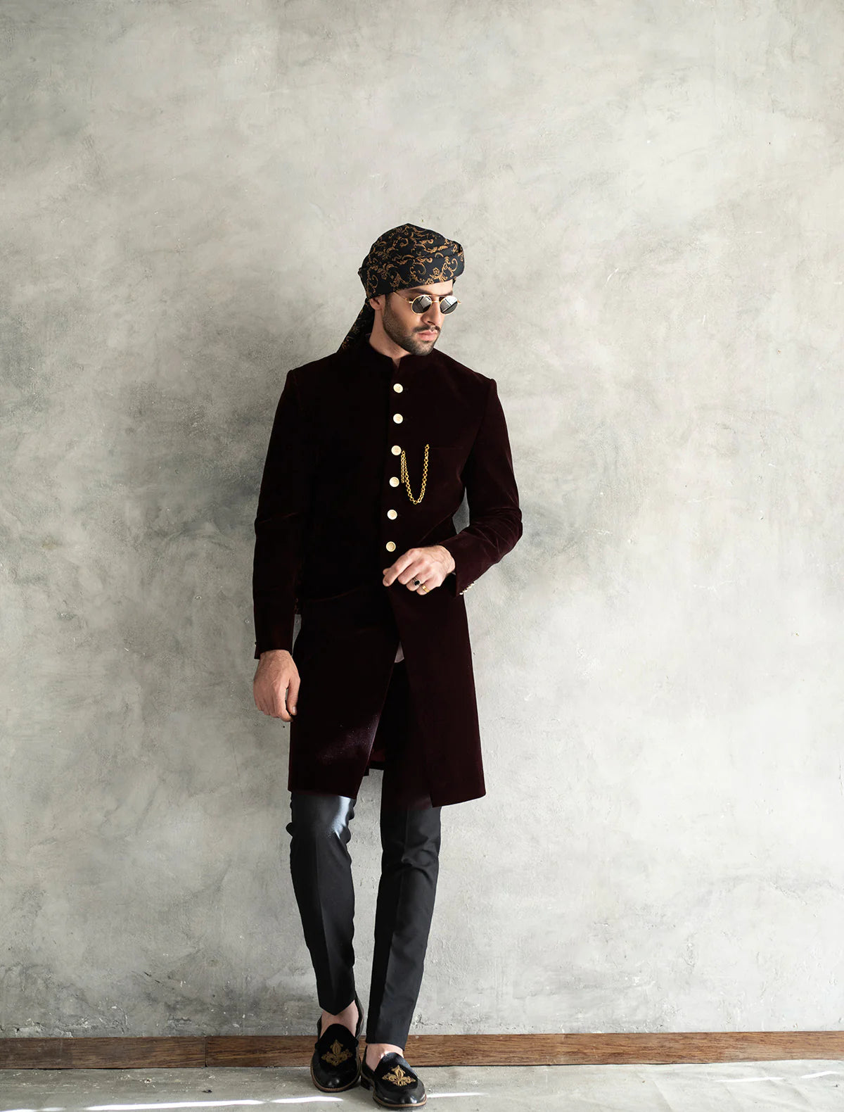 Maroon Short Length Velvet Sherwani with Silver Buttons
