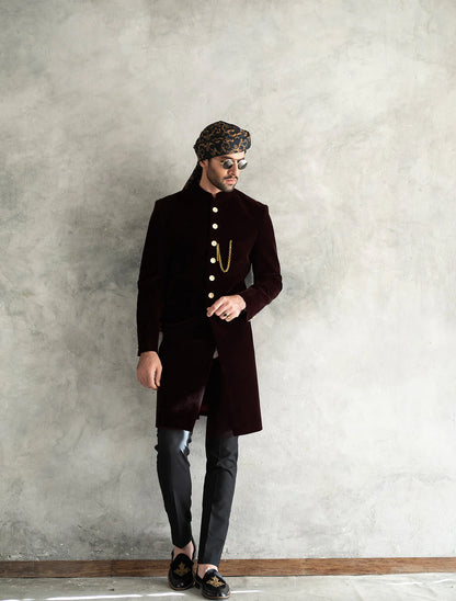 Maroon Short Length Velvet Sherwani with Silver Buttons