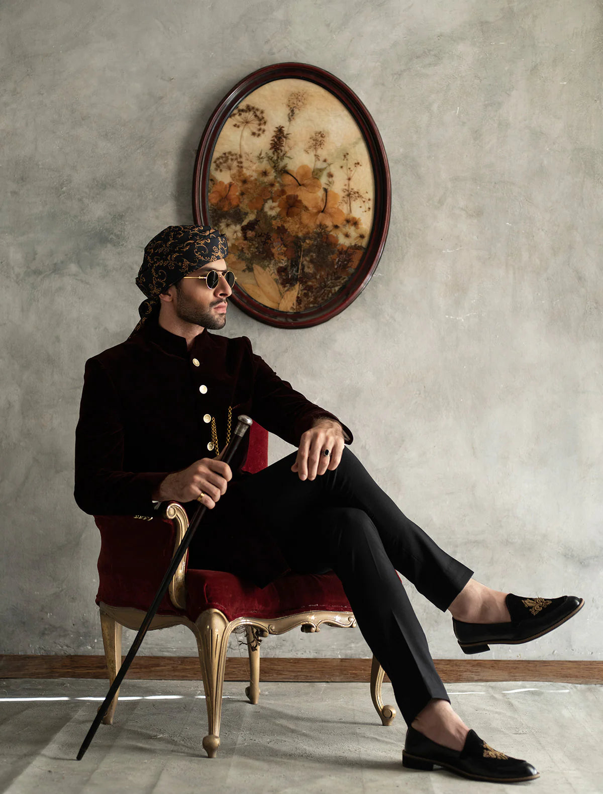 Maroon Short Length Velvet Sherwani with Silver Buttons