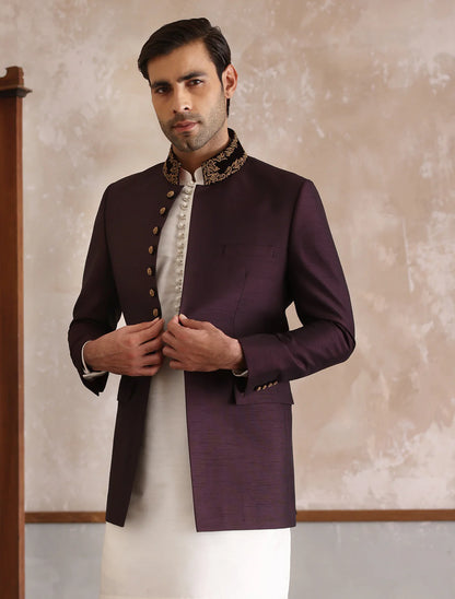 Maroon Bandhgala with Collar Embroidered