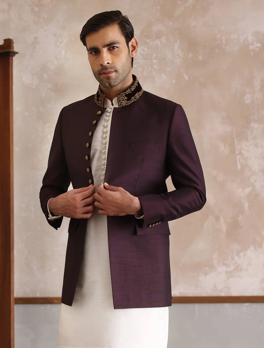 Maroon Bandhgala with Collar Embroidered
