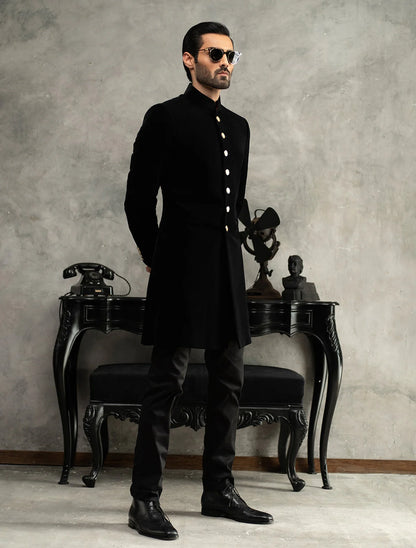 Black Short Length Velvet Sherwani with Silver Buttons