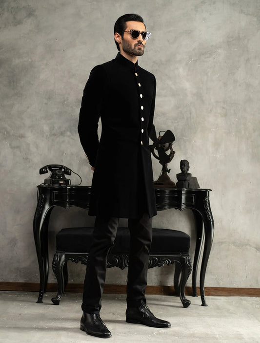 Black Short Length Velvet Sherwani with Silver Buttons