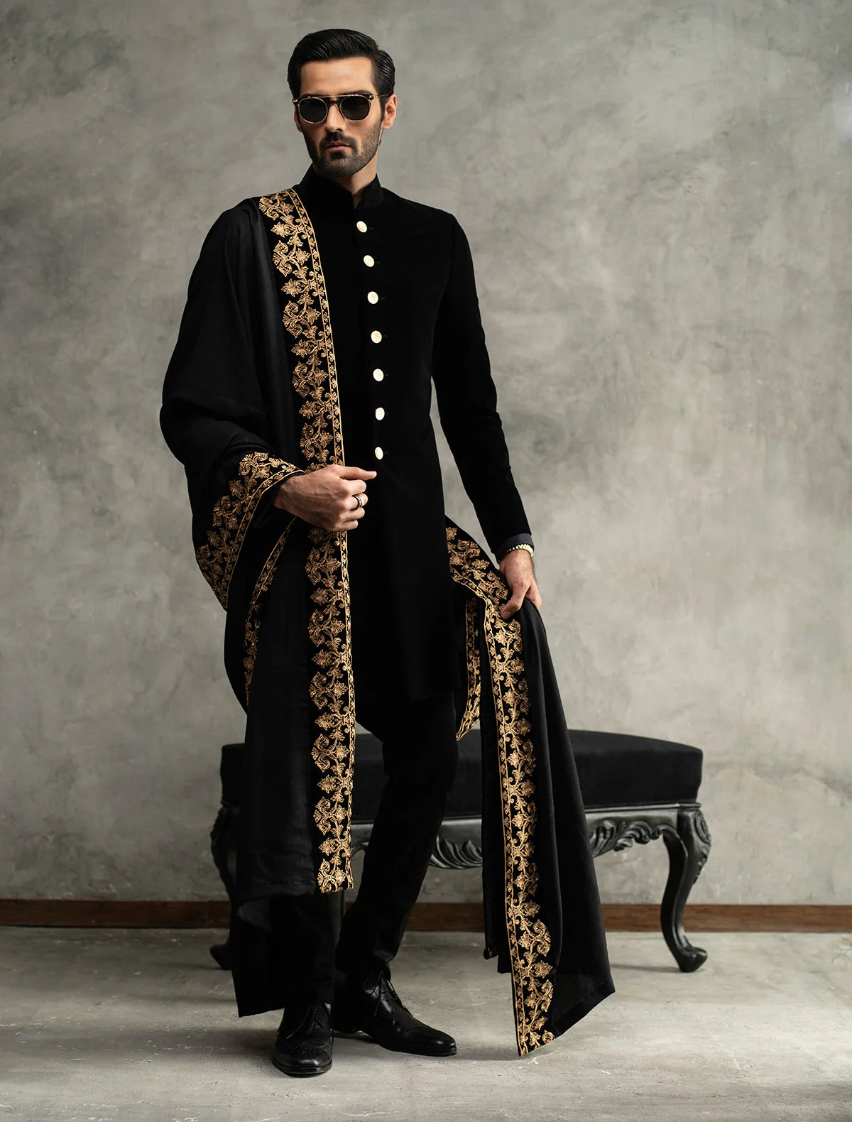 Black Short Length Velvet Sherwani with Silver Buttons