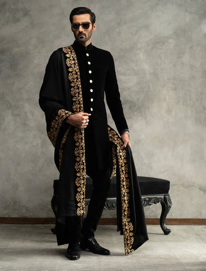 Black Short Length Velvet Sherwani with Silver Buttons