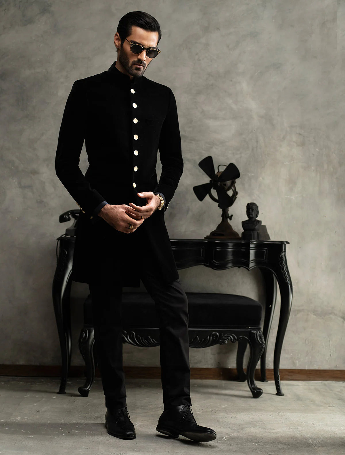 Black Short Length Velvet Sherwani with Silver Buttons