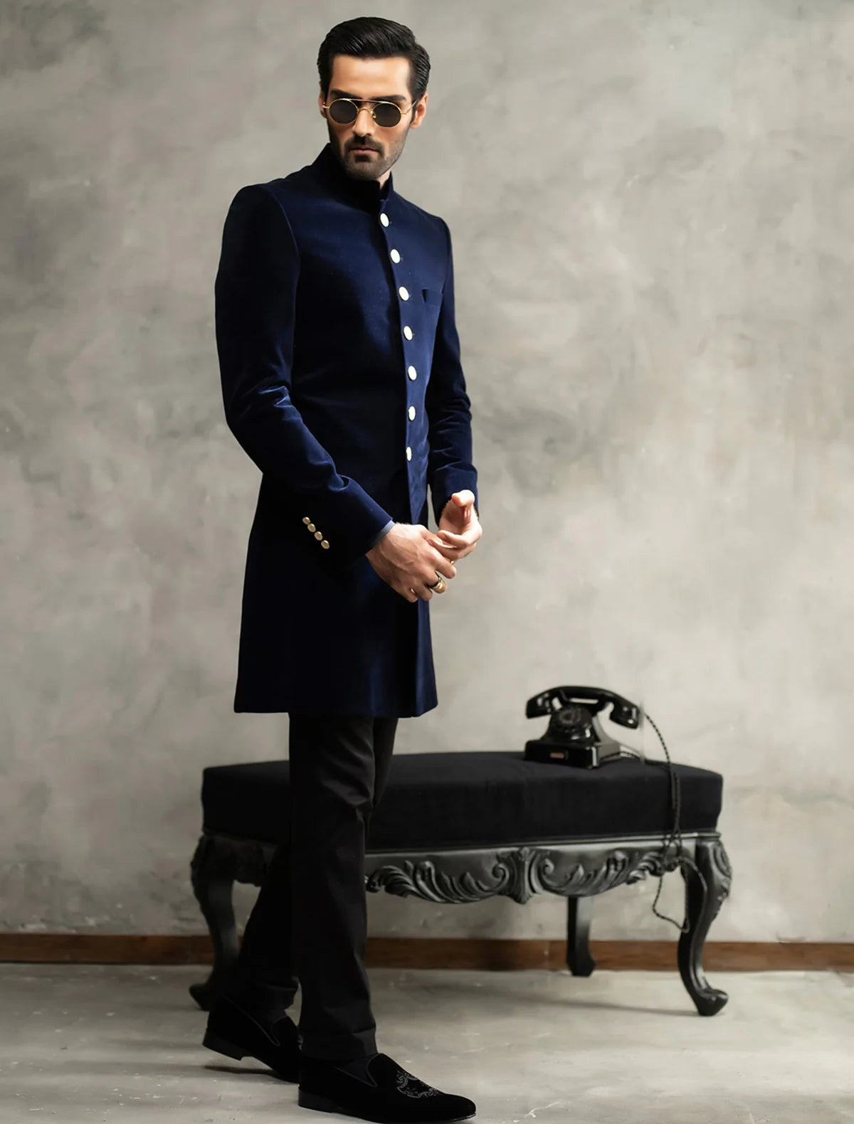 Navy Blue Short Length Velvet Sherwani with Gold Buttons