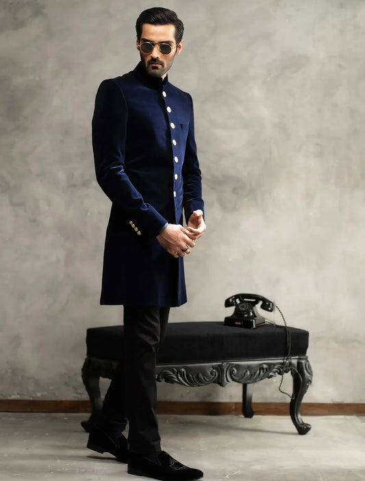 Navy Blue Short Length Velvet Sherwani with Gold Buttons