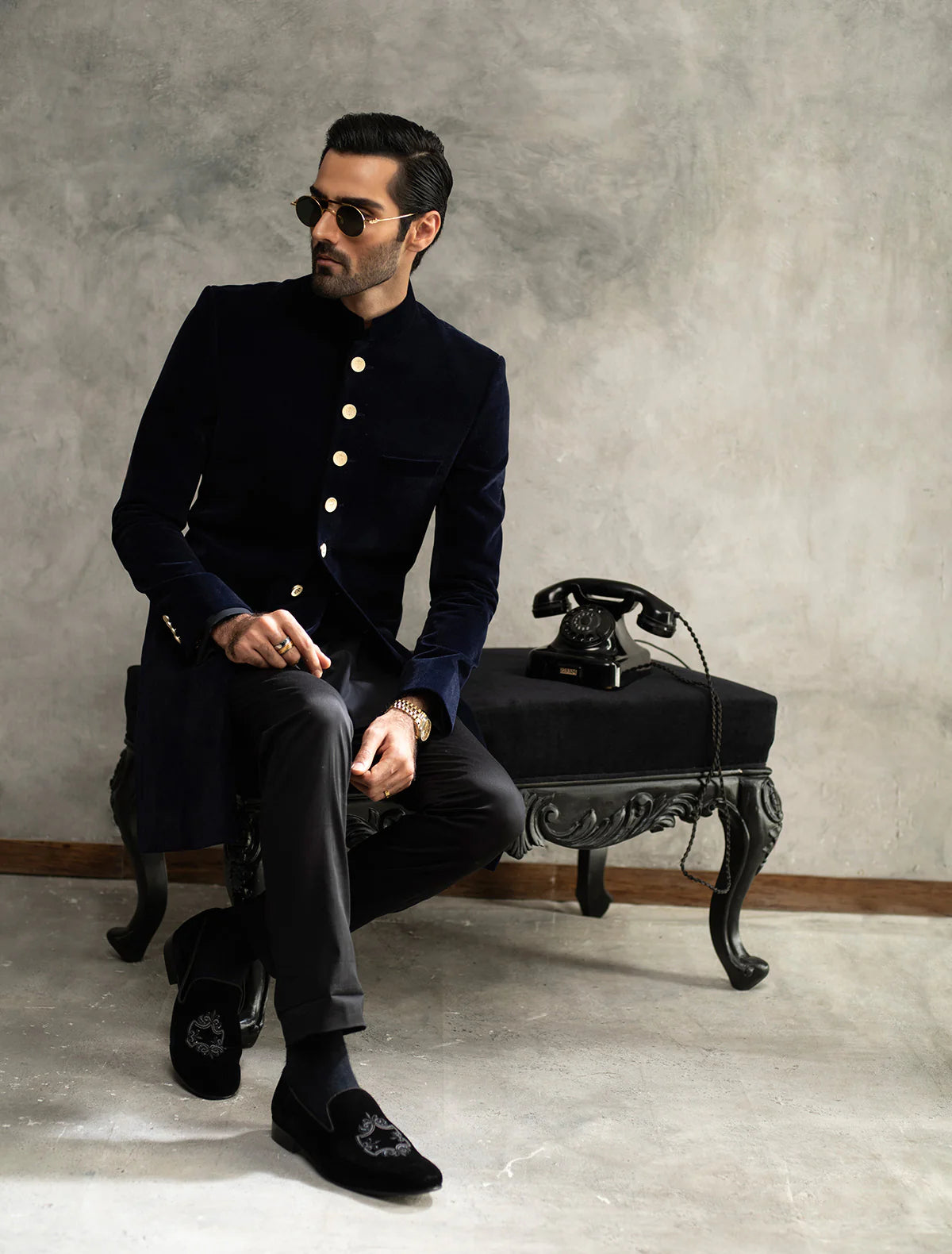 Navy Blue Short Length Velvet Sherwani with Gold Buttons