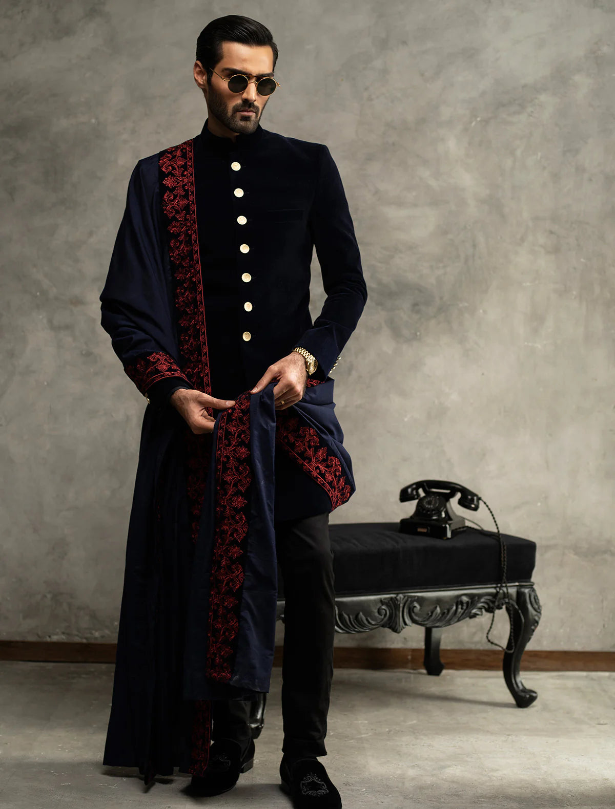 Navy Blue Short Length Velvet Sherwani with Gold Buttons