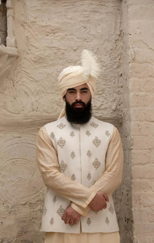 Off White all Over Embroidered Bundi