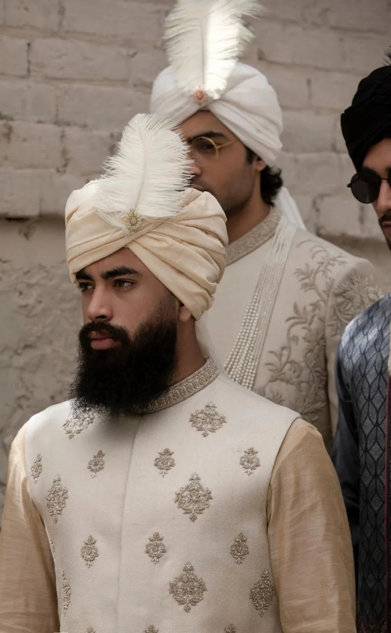 Off White all Over Embroidered Bundi