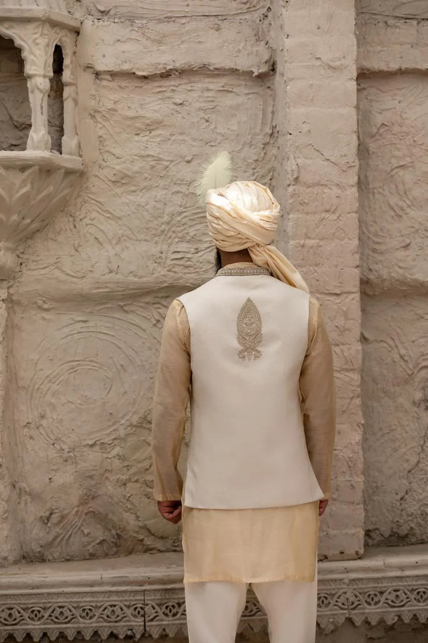 Off White all Over Embroidered Bundi