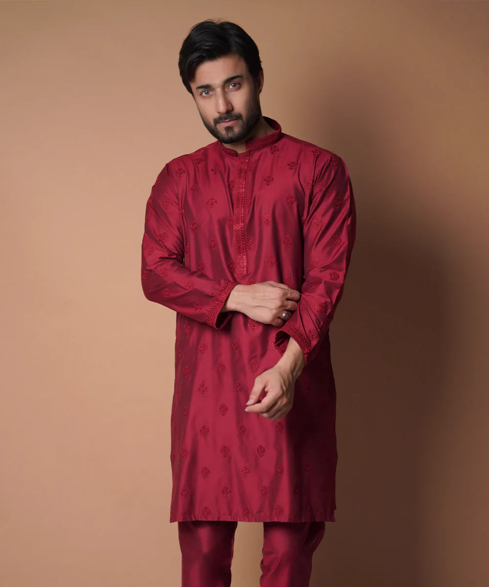Maroon All Over Embroidered Kurta
