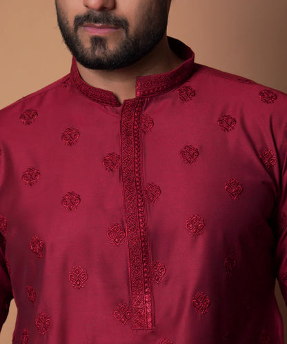 Maroon All Over Embroidered Kurta