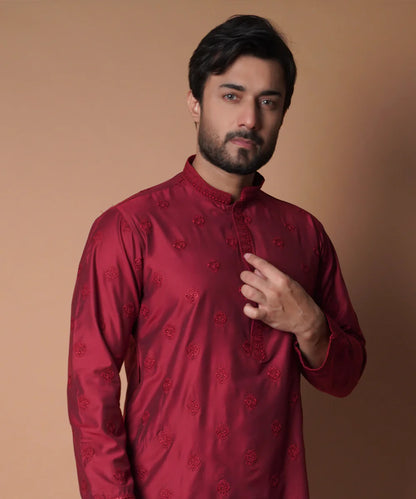 Maroon All Over Embroidered Kurta