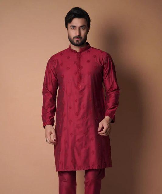 Maroon All Over Embroidered Kurta