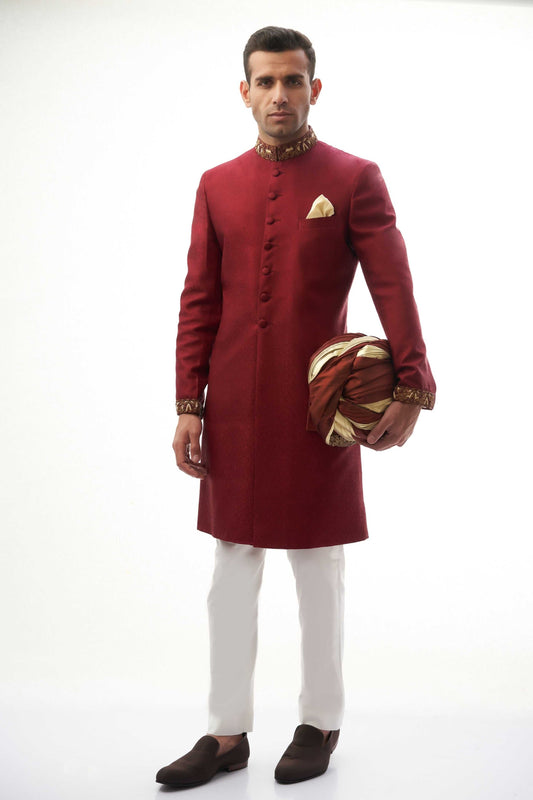 Maroon Raw Silk Sherwani with Collar and Sleeve Embroidered