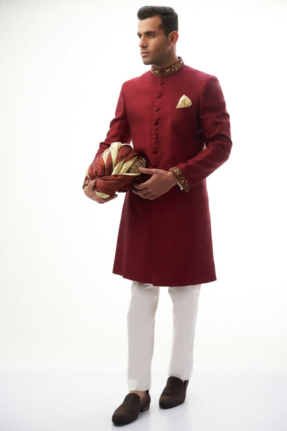 Maroon Raw Silk Sherwani with Collar and Sleeve Embroidered