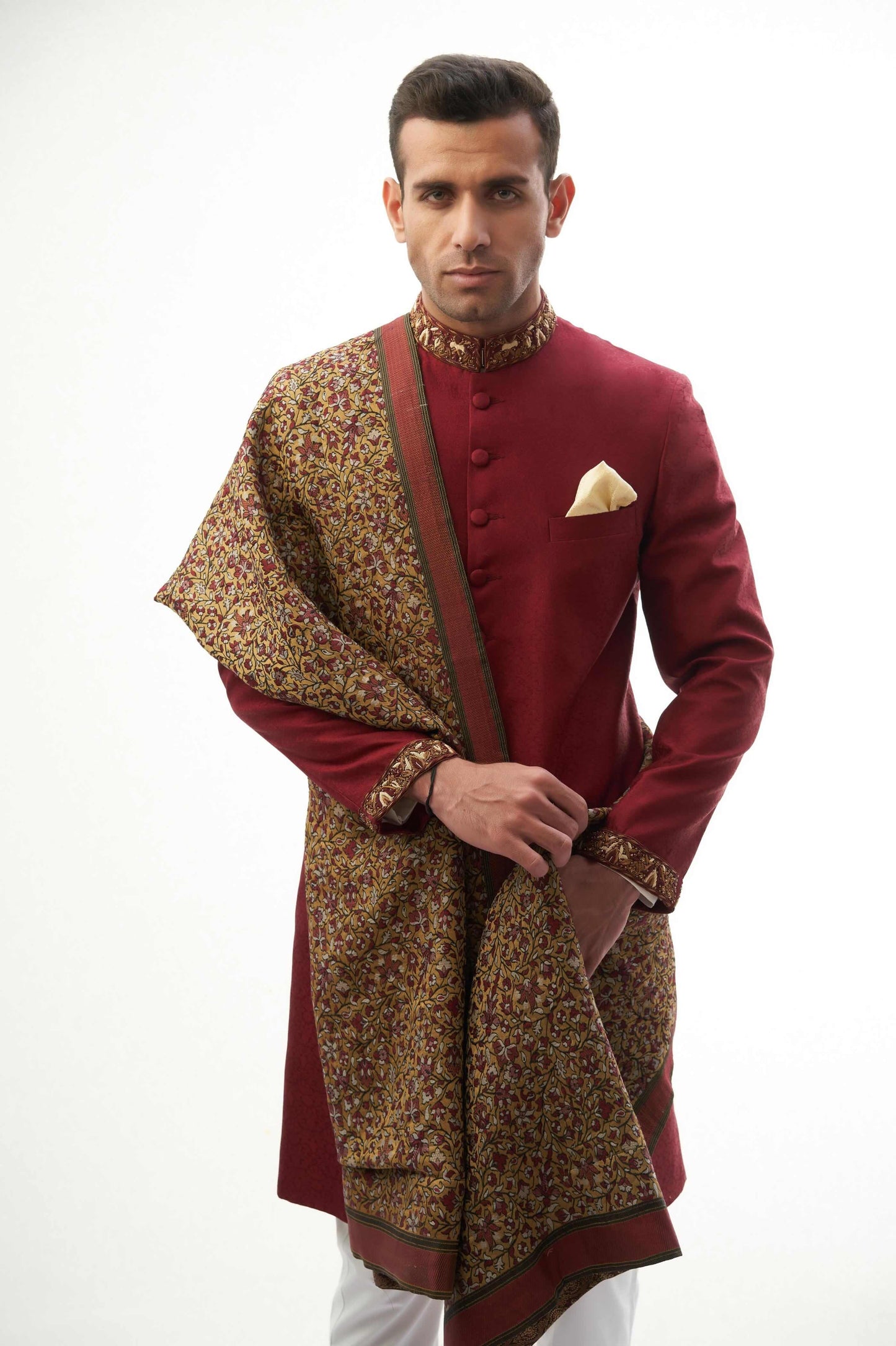 Maroon Raw Silk Sherwani with Collar and Sleeve Embroidered