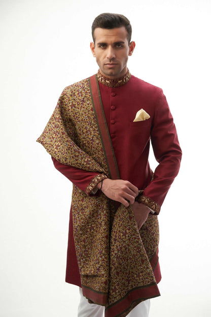 Maroon Raw Silk Sherwani with Collar and Sleeve Embroidered