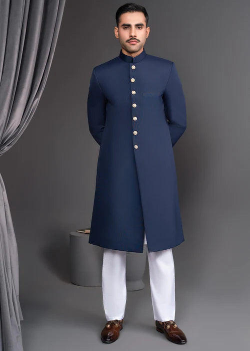 Classic Midnight Blue Sherwani with Gold Buttons