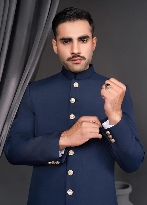 Classic Midnight Blue Sherwani with Gold Buttons