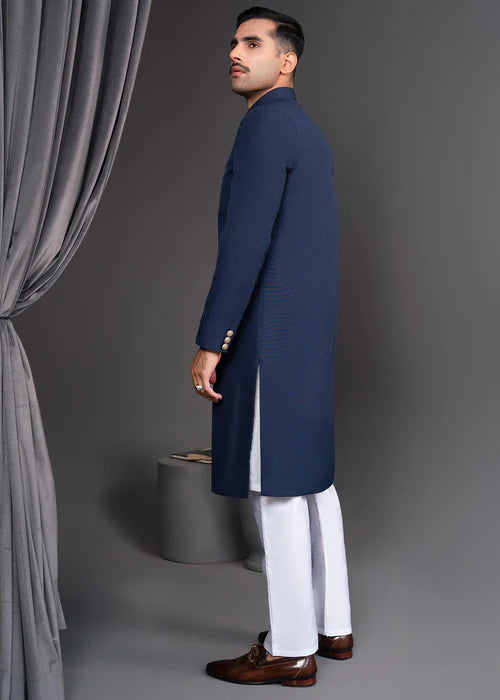 Classic Midnight Blue Sherwani with Gold Buttons