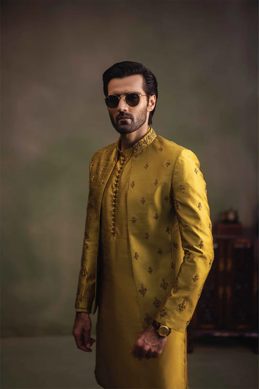 Mustard All Over Embroidered Open Jacket Bandhgala