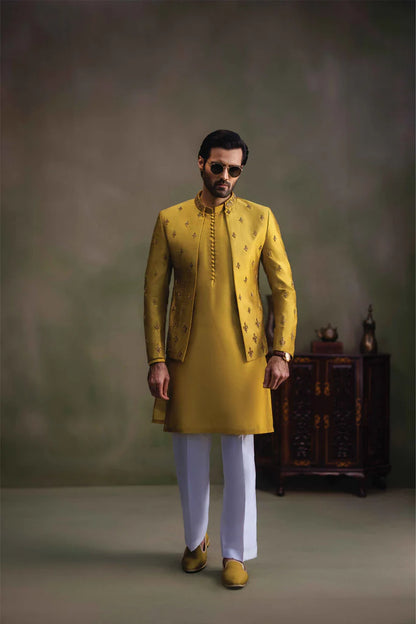Mustard All Over Embroidered Open Jacket Bandhgala