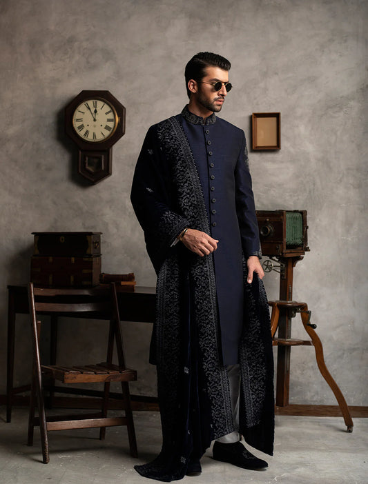 Navy Blue Raw Silk Collar and Sleeve Embroidered Sherwani