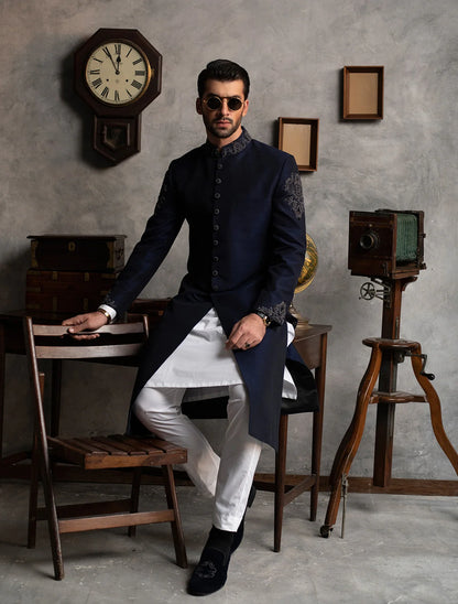 Navy Blue Raw Silk Collar and Sleeve Embroidered Sherwani