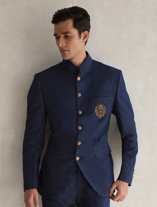 Navy Blue Raw Silk Bandhgala