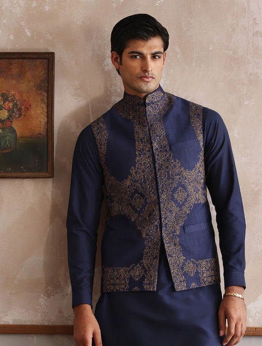 Navy Blue Raw Silk All Over Embroidered Bundi