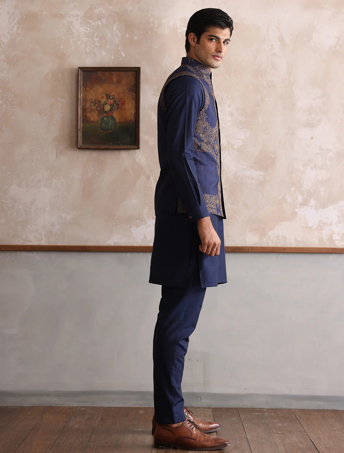 Navy Blue Raw Silk All Over Embroidered Bundi