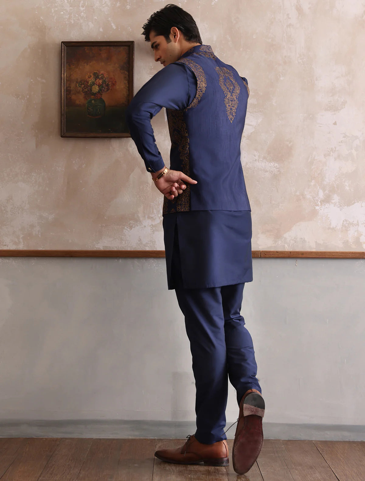 Navy Blue Raw Silk All Over Embroidered Bundi