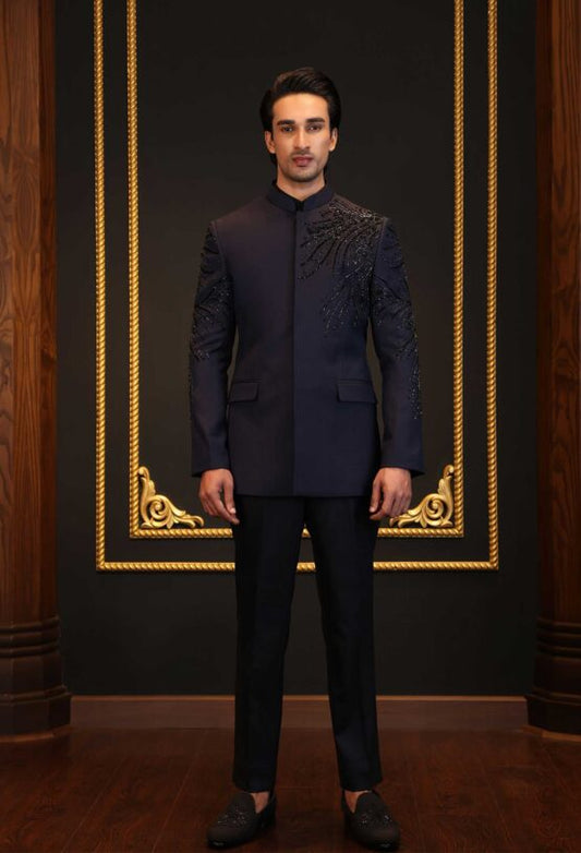 Navy Blue Bandhgala with Beadwork | Premium Ethnic Jacket for Men