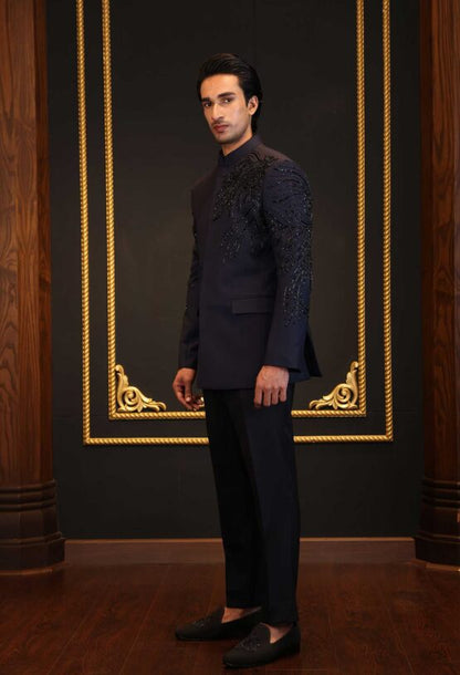 Navy Blue Bandhgala with Beadwork | Premium Ethnic Jacket for Men