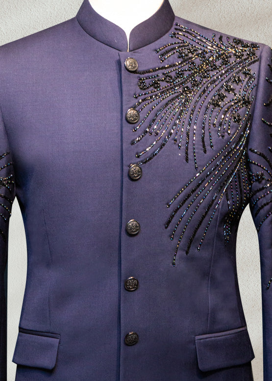 Navy Blue Bandhgala with Beadwork | Premium Ethnic Jacket for Men