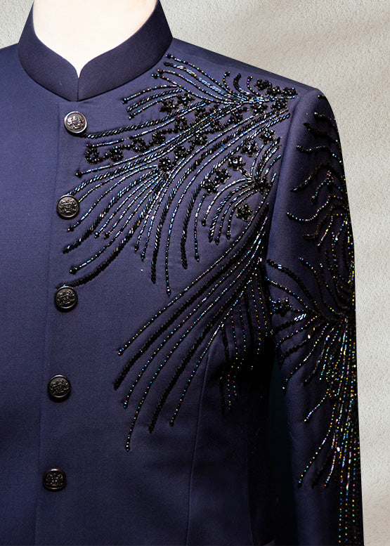 Navy Blue Bandhgala with Beadwork | Premium Ethnic Jacket for Men