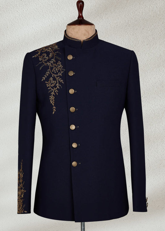 Navy Blue Bandhgala with Collar and Chest Embroidery | Sophisticated Ethnic Jacket for Men