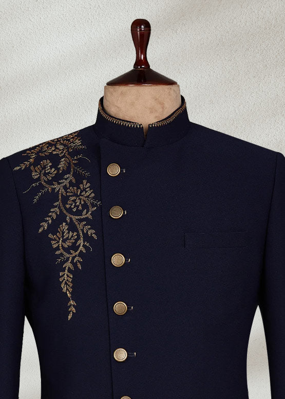 Navy Blue Bandhgala with Collar and Chest Embroidery | Sophisticated Ethnic Jacket for Men