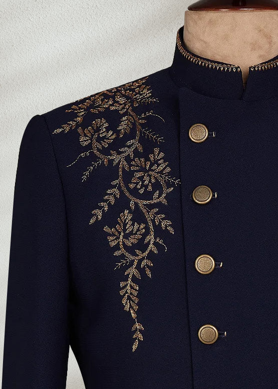 Navy Blue Bandhgala with Collar and Chest Embroidery | Sophisticated Ethnic Jacket for Men