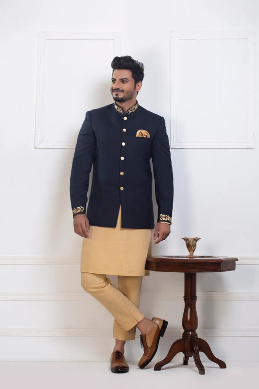 Navy Blue Bandhgala with Collar and Sleeve Embroidered
