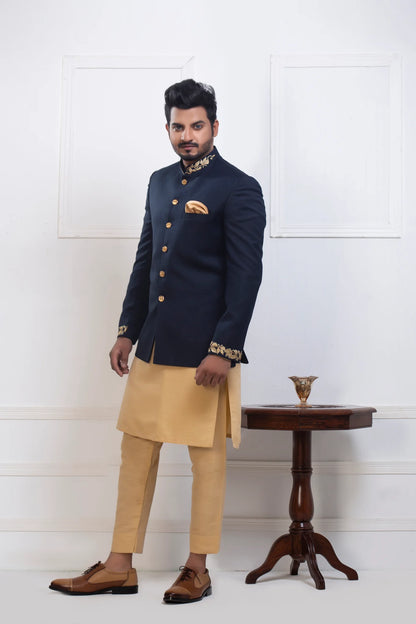 Navy Blue Bandhgala with Collar and Sleeve Embroidered