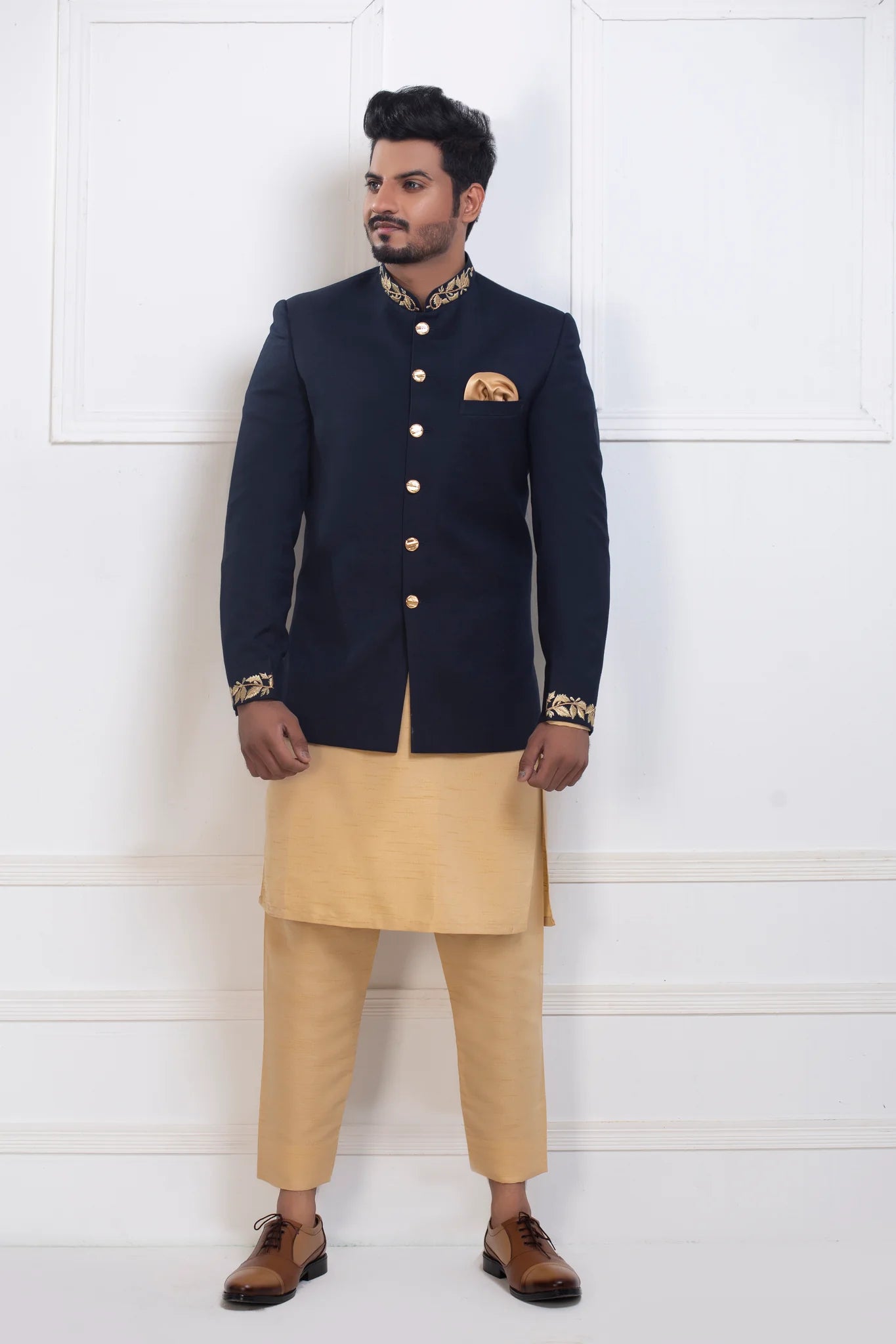 Navy Blue Bandhgala with Collar and Sleeve Embroidered