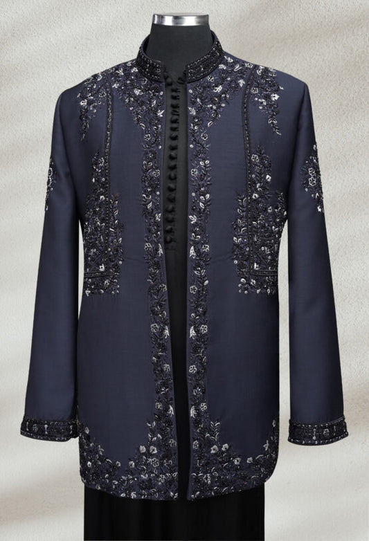 Navy Blue Bandhgala with Hand Embroidery