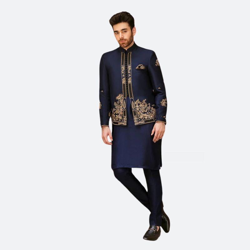 Navy Blue Raw Silk Bandhgala with Embroidery